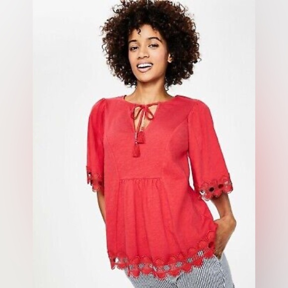 Boden Ayla Jersey Top Sunset Crochet Trim Bell Sleeves Tassels Boho Women’s Sz 4 - Picture 2 of 12
